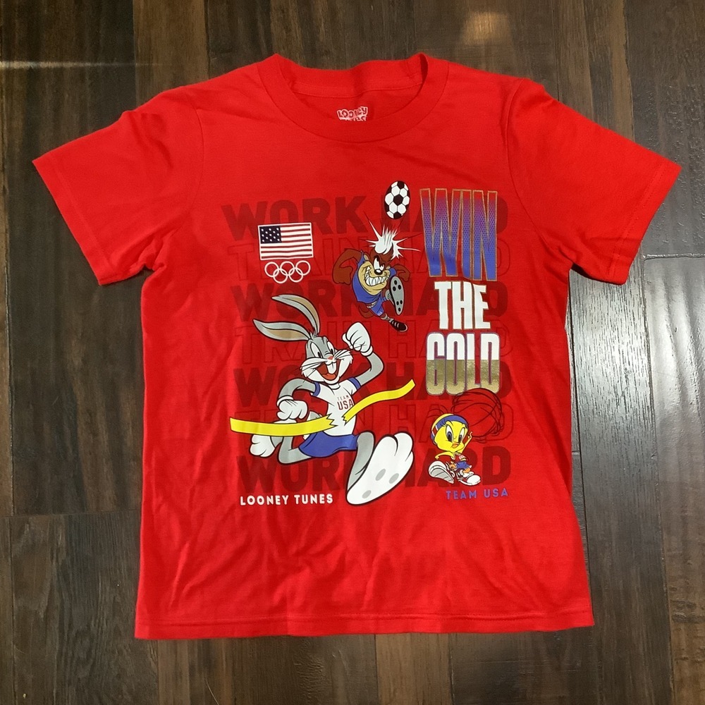 Looney Tunes Team USA Olympic Red Graphic T-Shirt Kids Size S 8 Bugs Bunny Taz